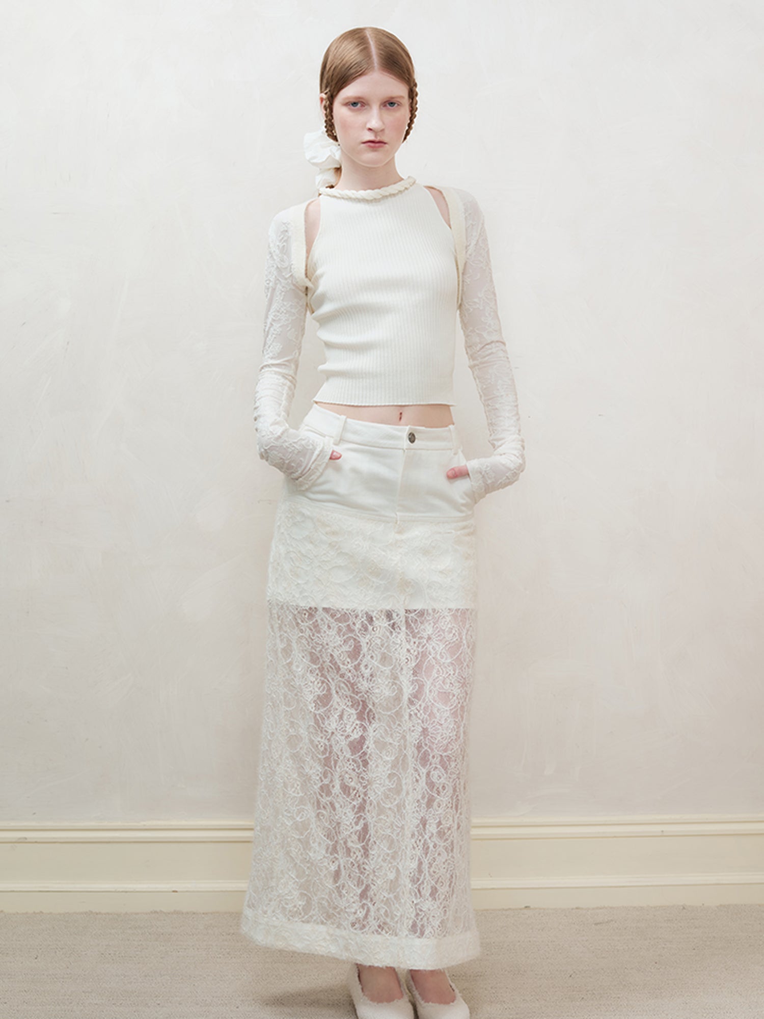 AnnoMundi Lace Trimmed Sheer Denim Midi Skirt