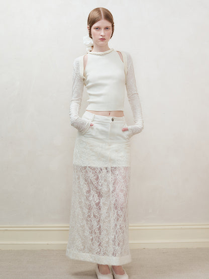 AnnoMundi Lace Trimmed Sheer Denim Midi Skirt