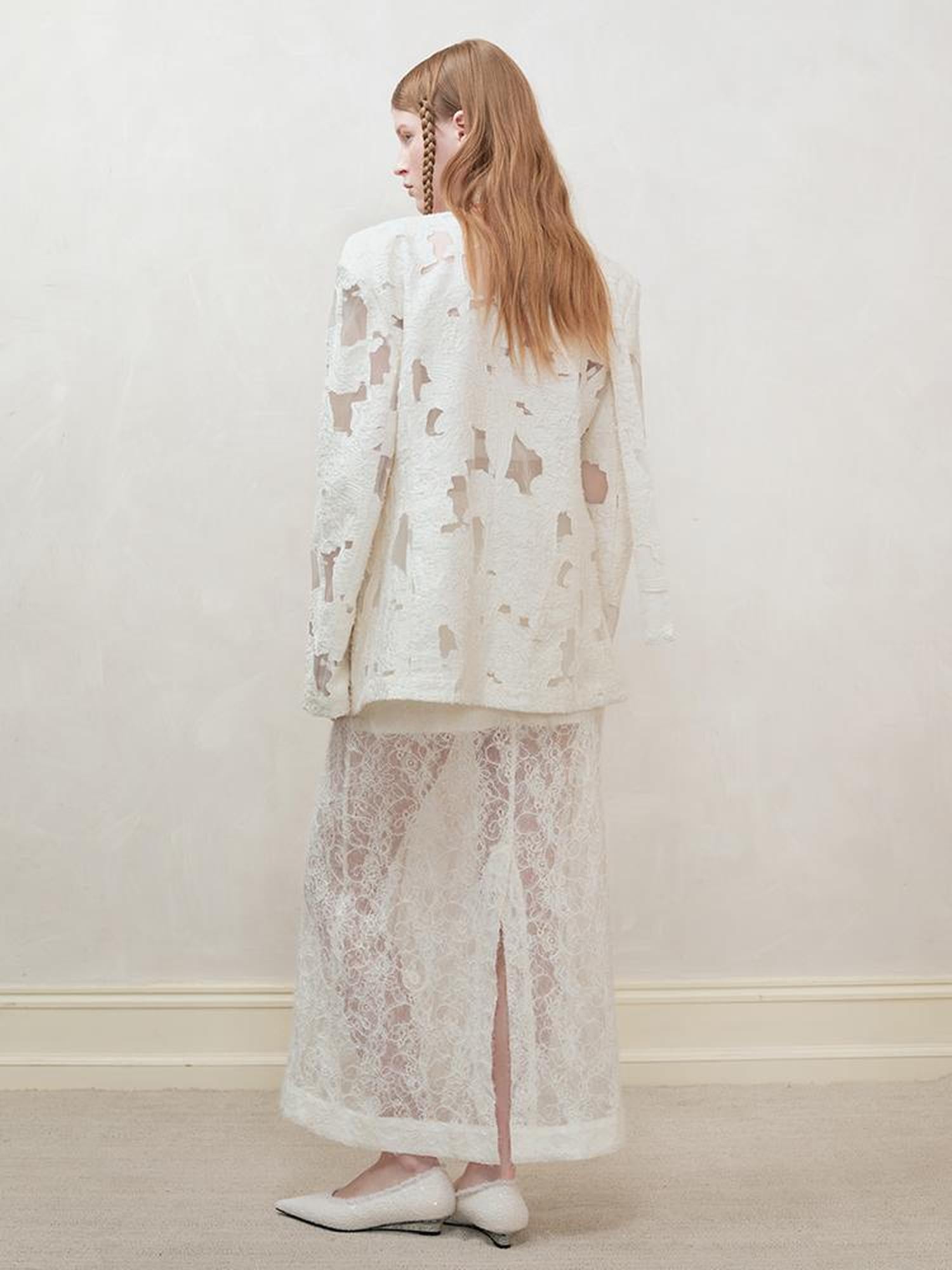 AnnoMundi Lace Trimmed Sheer Denim Midi Skirt