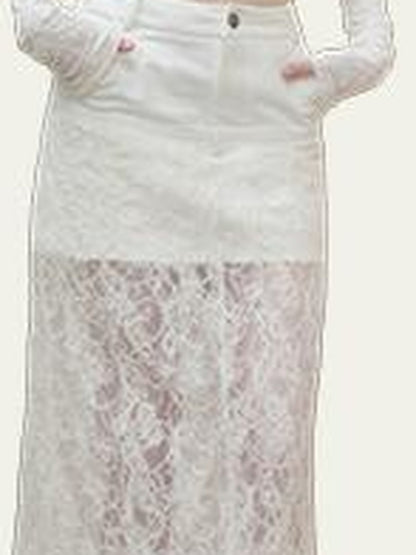 AnnoMundi Lace Trimmed Sheer Denim Midi Skirt