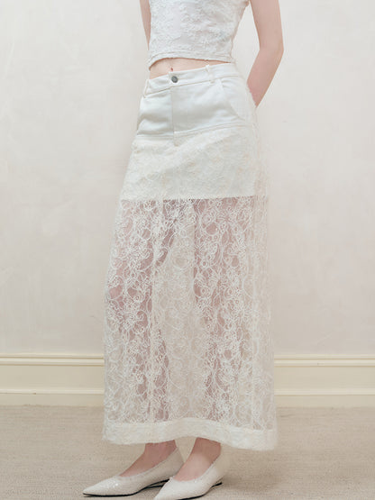 AnnoMundi Lace Trimmed Sheer Denim Midi Skirt