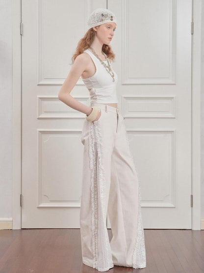 AnnoMundi Lace Trimmed Wide Leg Trousers with Artistic Flair