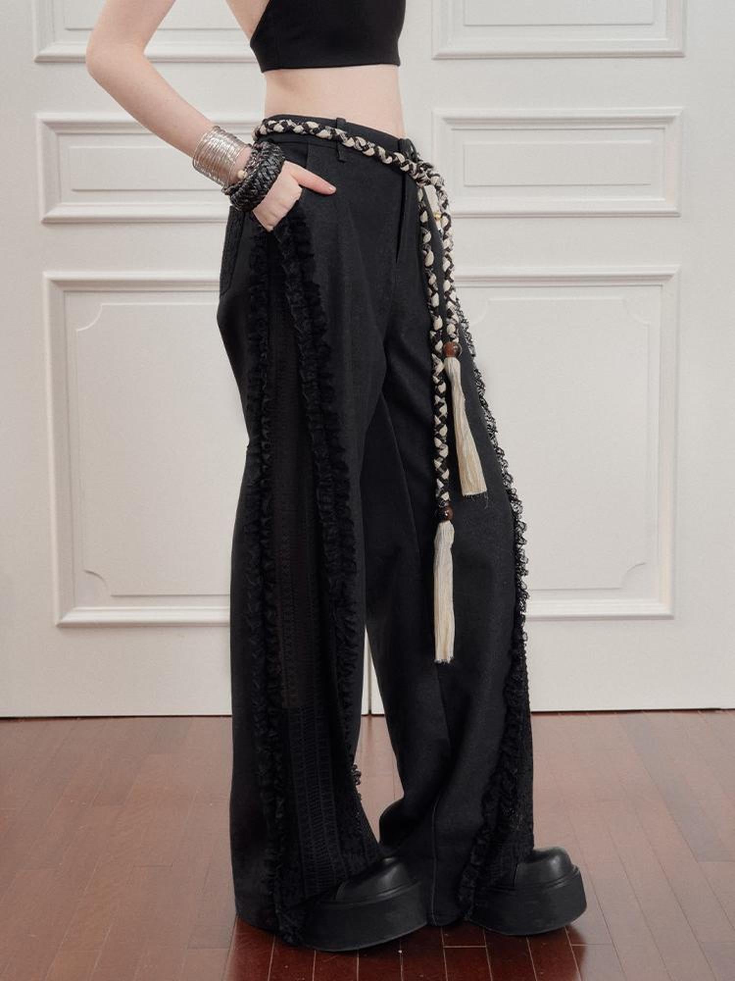 AnnoMundi Lace Trimmed Wide Leg Trousers with Artistic Flair