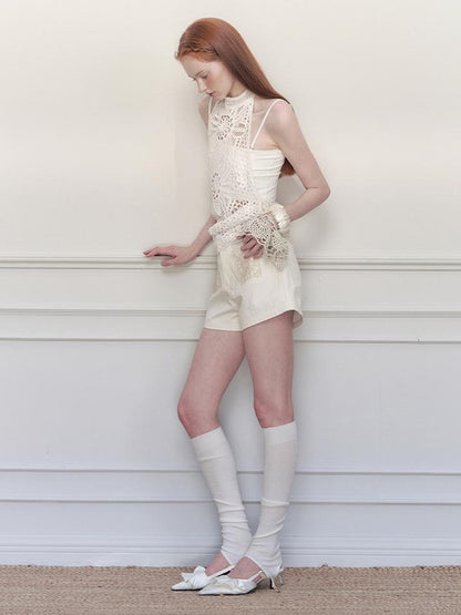 AnnoMundi Lacework Lattice Halter Top V Neck T Shirt Long Sleeve