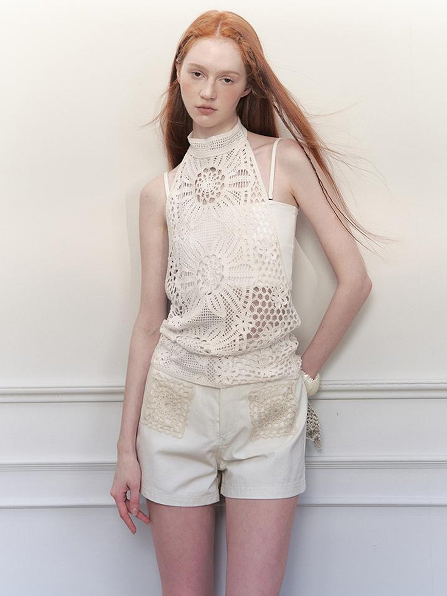 AnnoMundi Lacework Lattice Halter Top V Neck T Shirt Long Sleeve