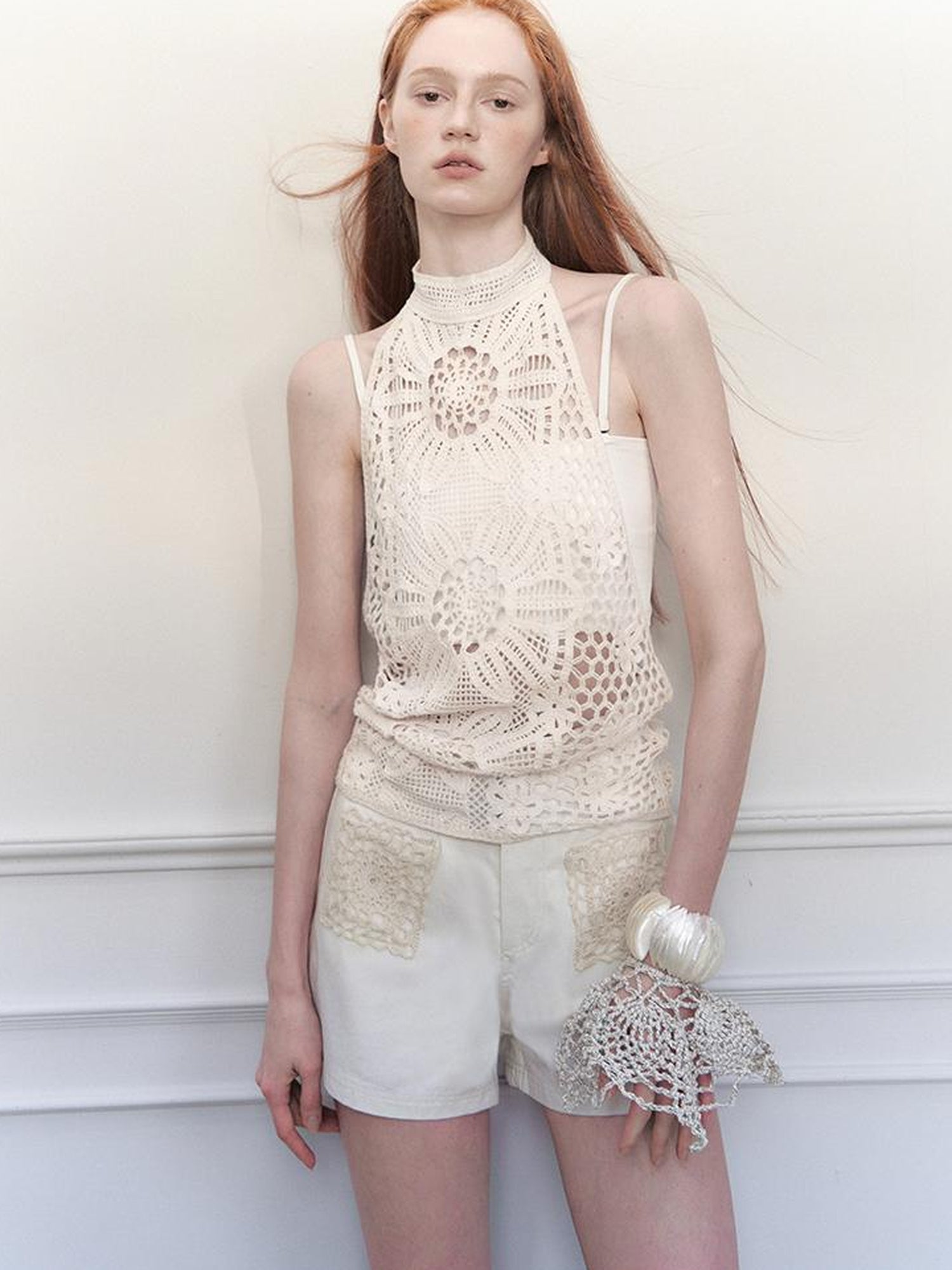 AnnoMundi Lacework Lattice Halter Top V Neck T Shirt Long Sleeve