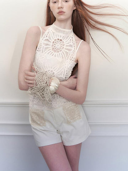 AnnoMundi Lacework Lattice Halter Top V Neck T Shirt Long Sleeve
