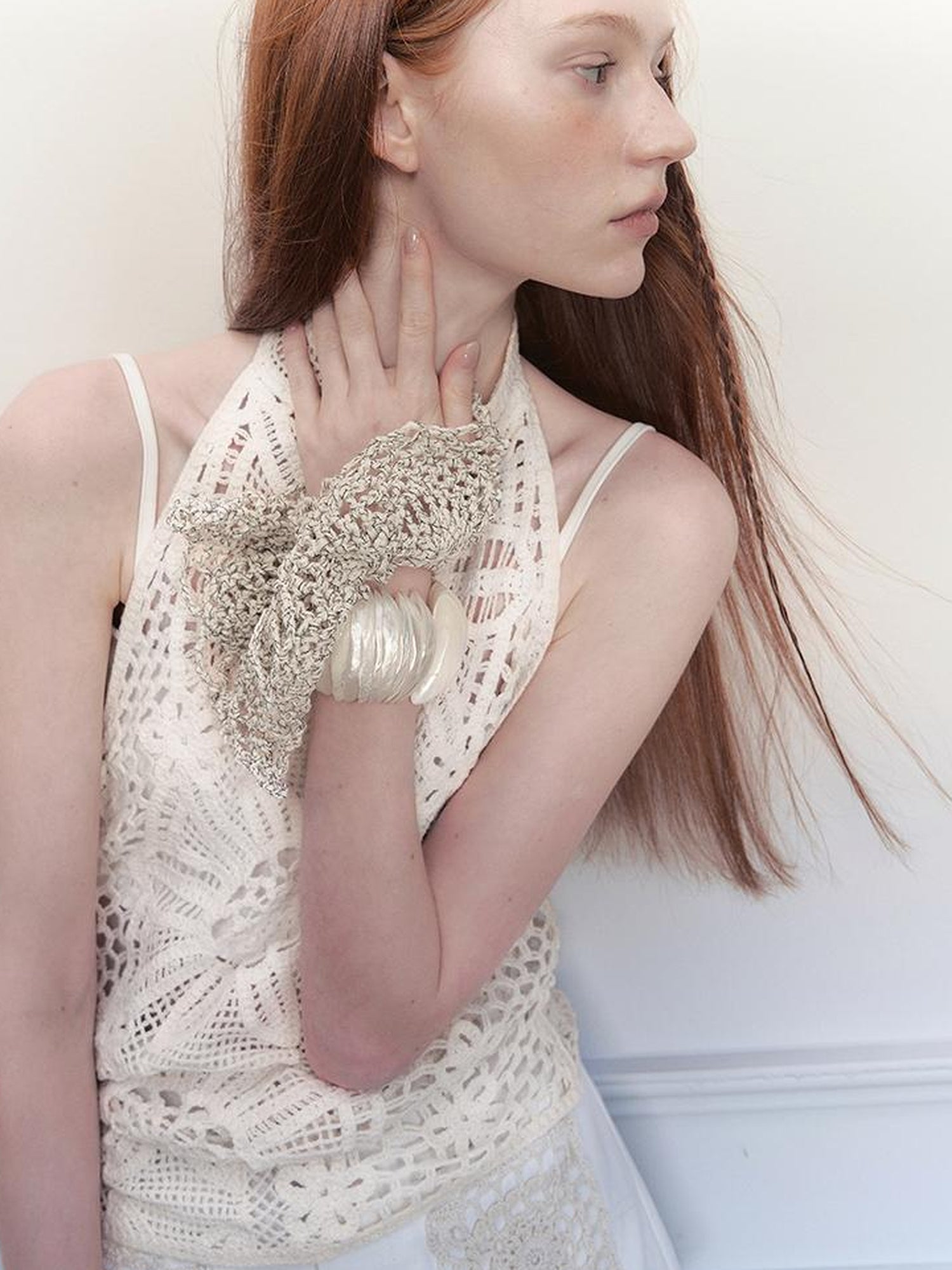 AnnoMundi Lacework Lattice Halter Top V Neck T Shirt Long Sleeve