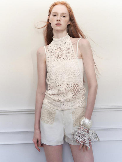 AnnoMundi Lacework Lattice Halter Top V Neck T Shirt Long Sleeve