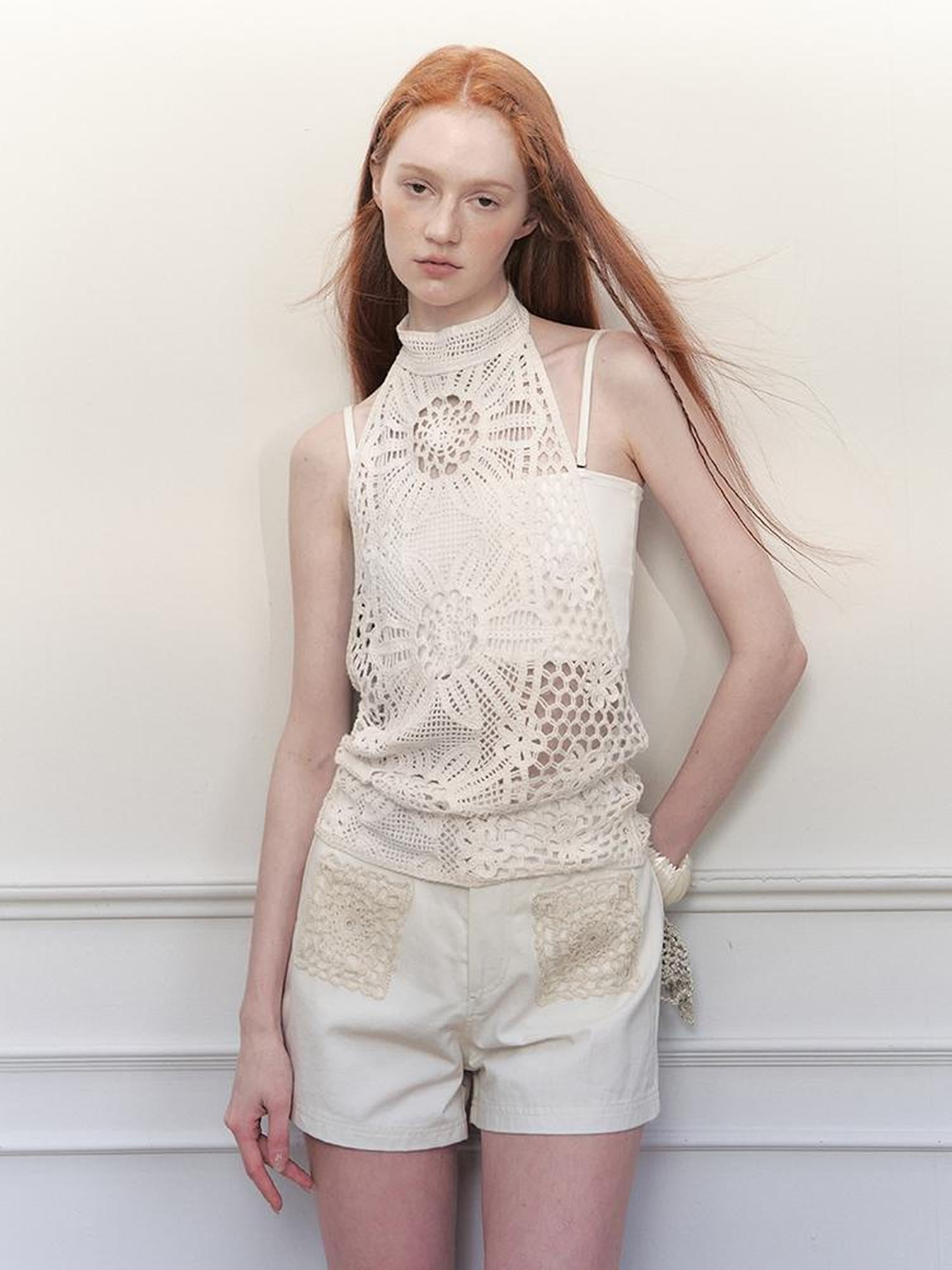 AnnoMundi Lacework Lattice Halter Top V Neck T Shirt Long Sleeve