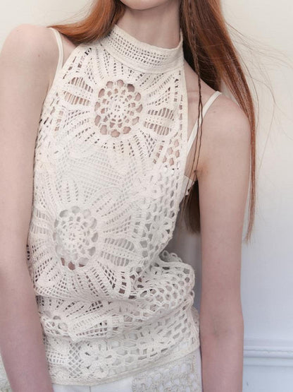 AnnoMundi Lacework Lattice Halter Top V Neck T Shirt Long Sleeve