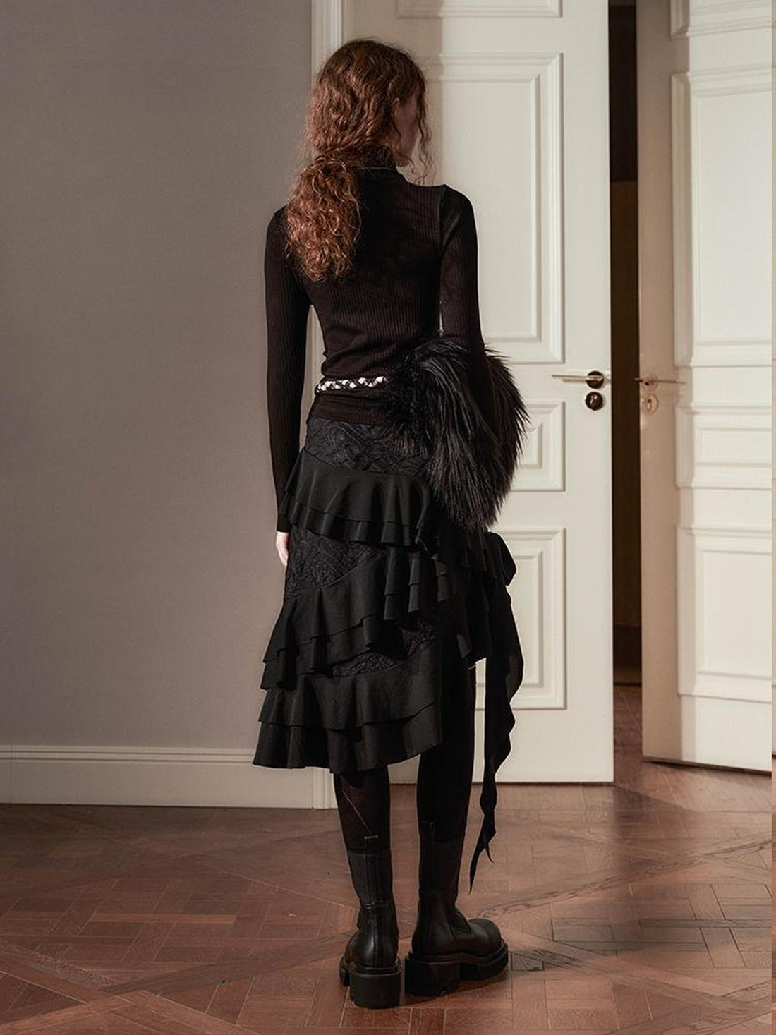 AnnoMundi Layered Lace Bow Tie Asymmetric Hem Skirt