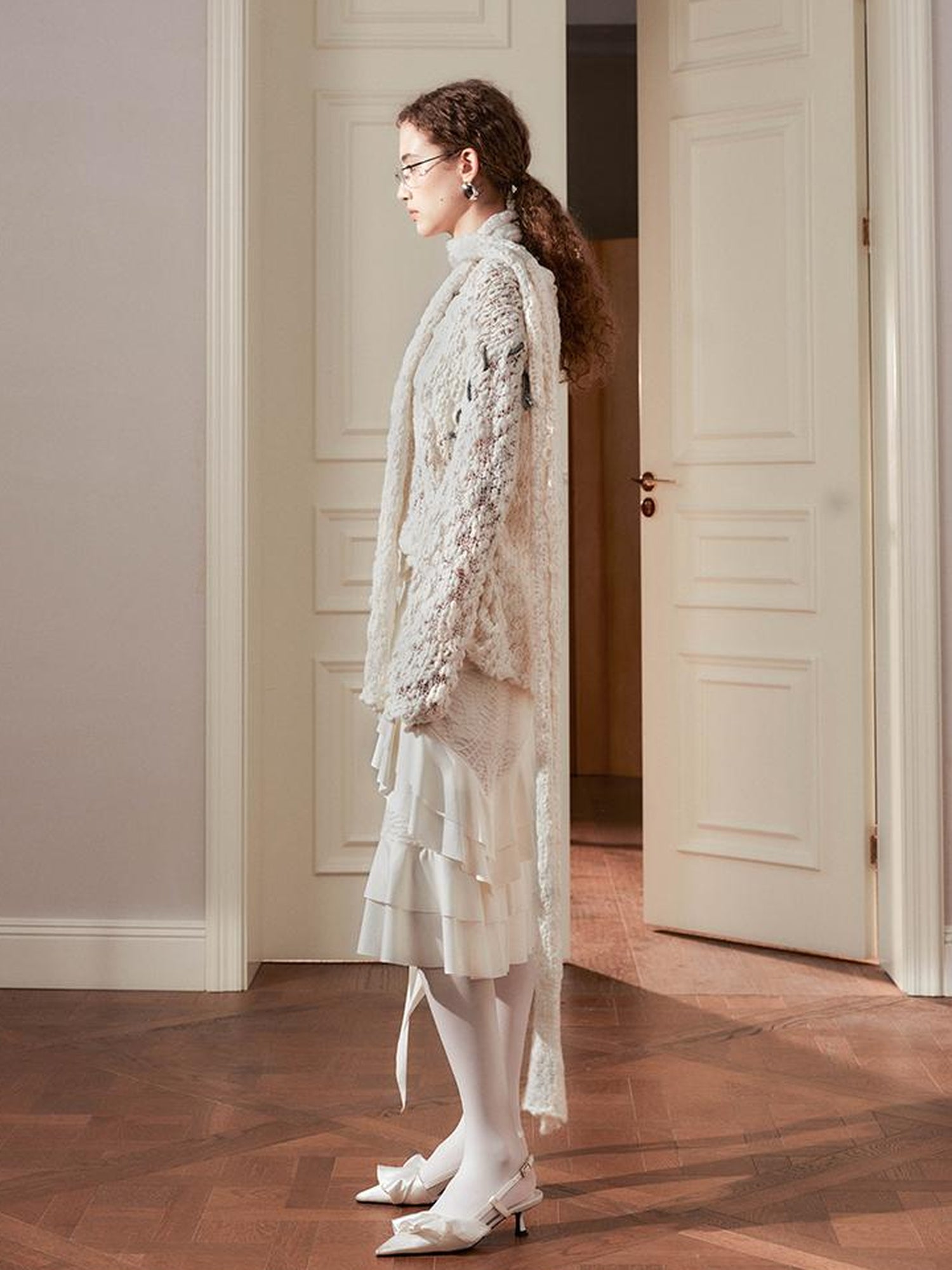 AnnoMundi Layered Lace Bow Tie Asymmetric Hem Skirt