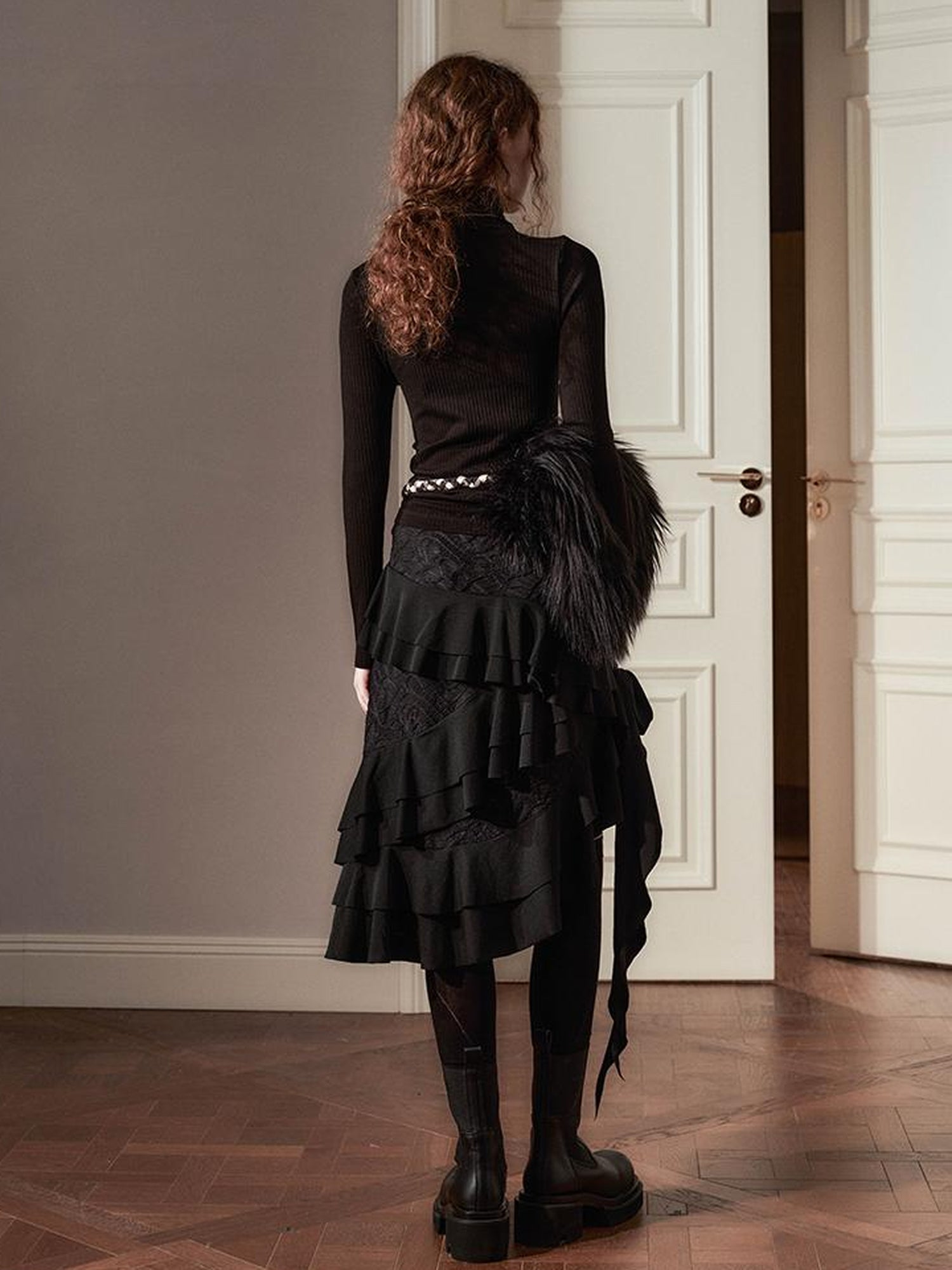 AnnoMundi Layered Lace Bow Tie Asymmetric Hem Skirt