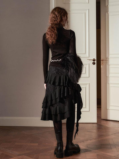 AnnoMundi Layered Lace Bow Tie Asymmetric Hem Skirt