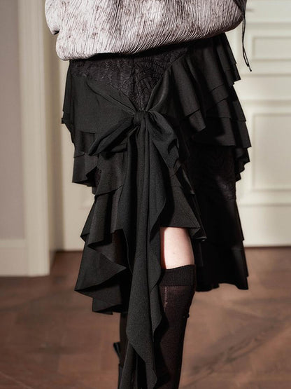 AnnoMundi Layered Lace Bow Tie Asymmetric Hem Skirt