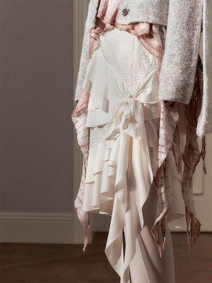 AnnoMundi Layered Lace Bow Tie Asymmetric Hem Skirt
