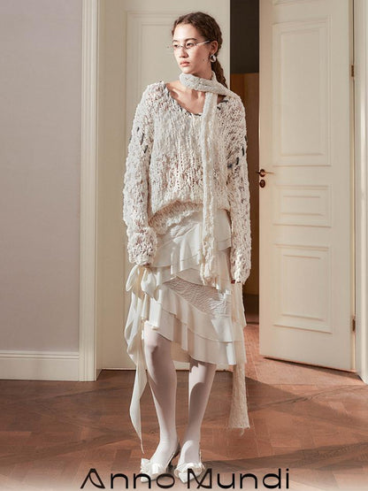 AnnoMundi Layered Lace Bow Tie Asymmetric Hem Skirt