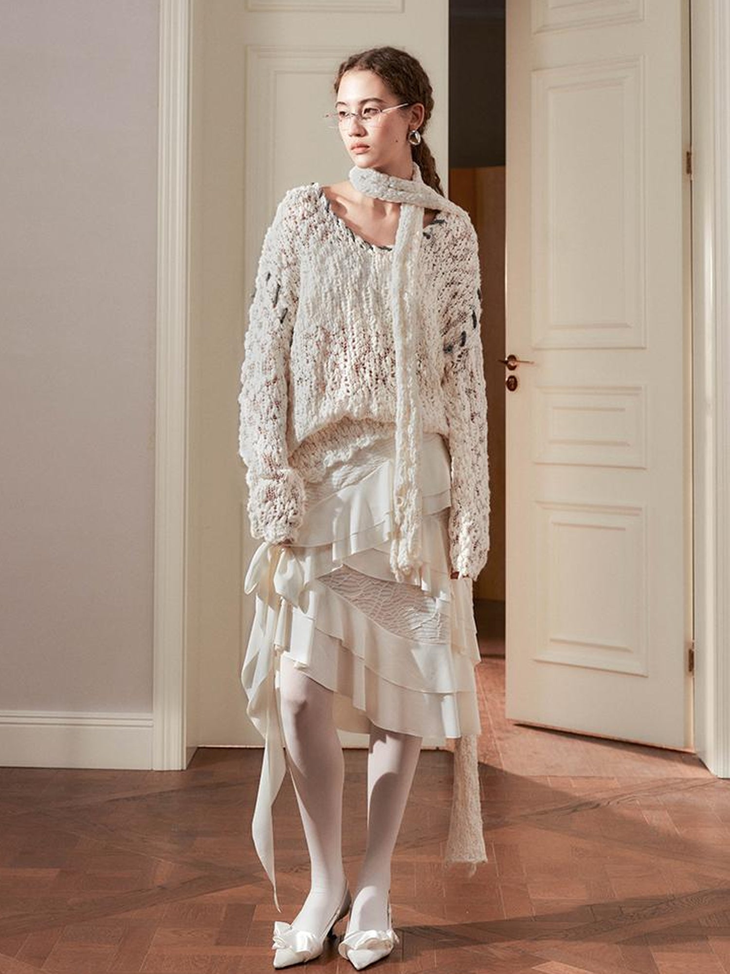 AnnoMundi Layered Lace Bow Tie Asymmetric Hem Skirt