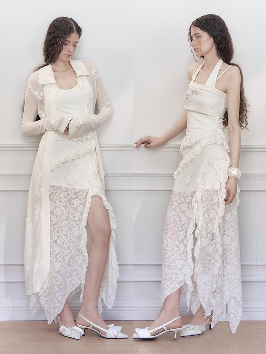 AnnoMundi Layered Lace High Neck Midi Dress with Asymmetric Hem