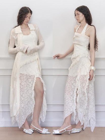 AnnoMundi Layered Lace High Neck Midi Dress with Asymmetric Hem