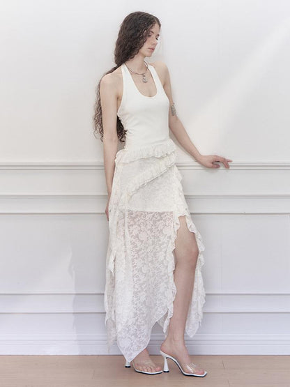 AnnoMundi Layered Lace High Neck Midi Dress with Asymmetric Hem
