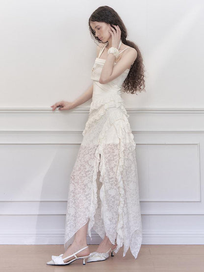 AnnoMundi Layered Lace High Neck Midi Dress with Asymmetric Hem