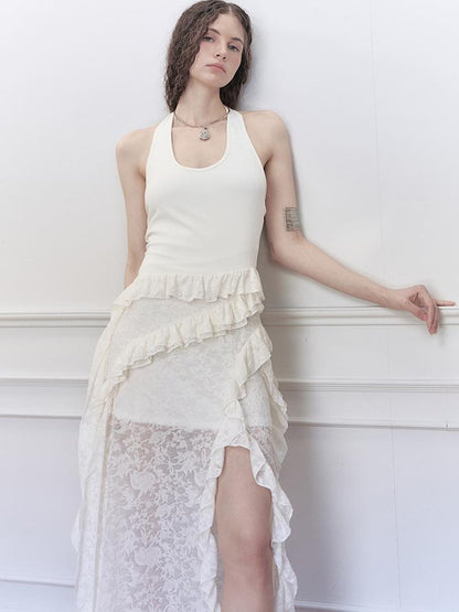 AnnoMundi Layered Lace High Neck Midi Dress with Asymmetric Hem