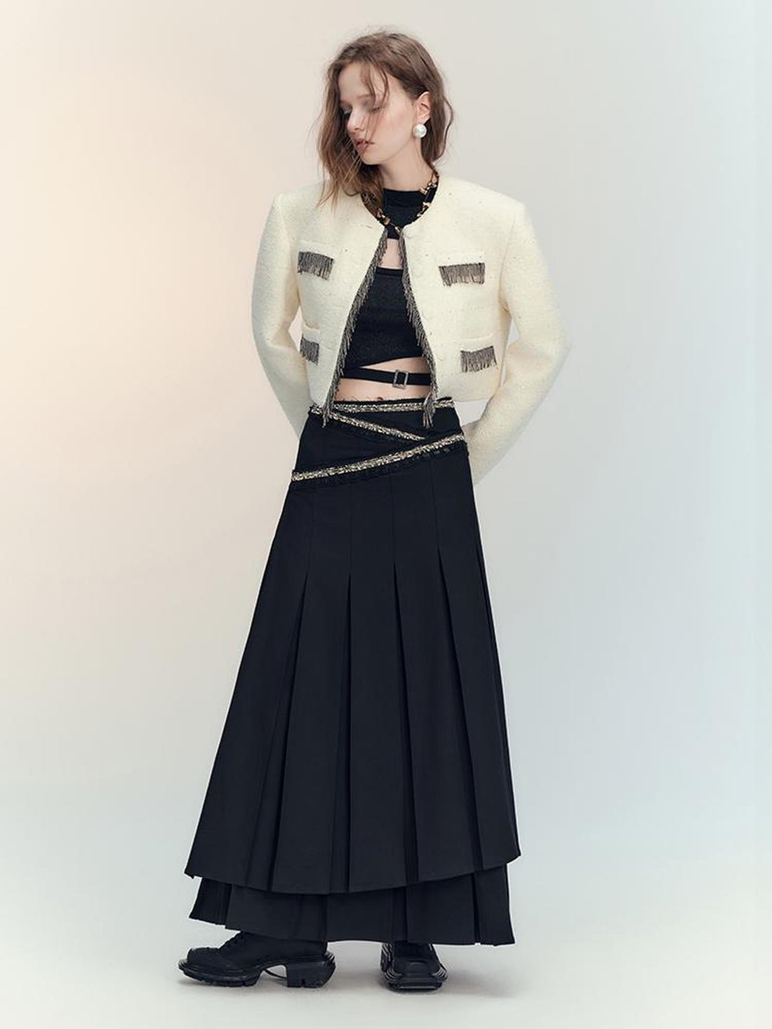 AnnoMundi Layered Pleated Midi Skirt High Waist A Line Black