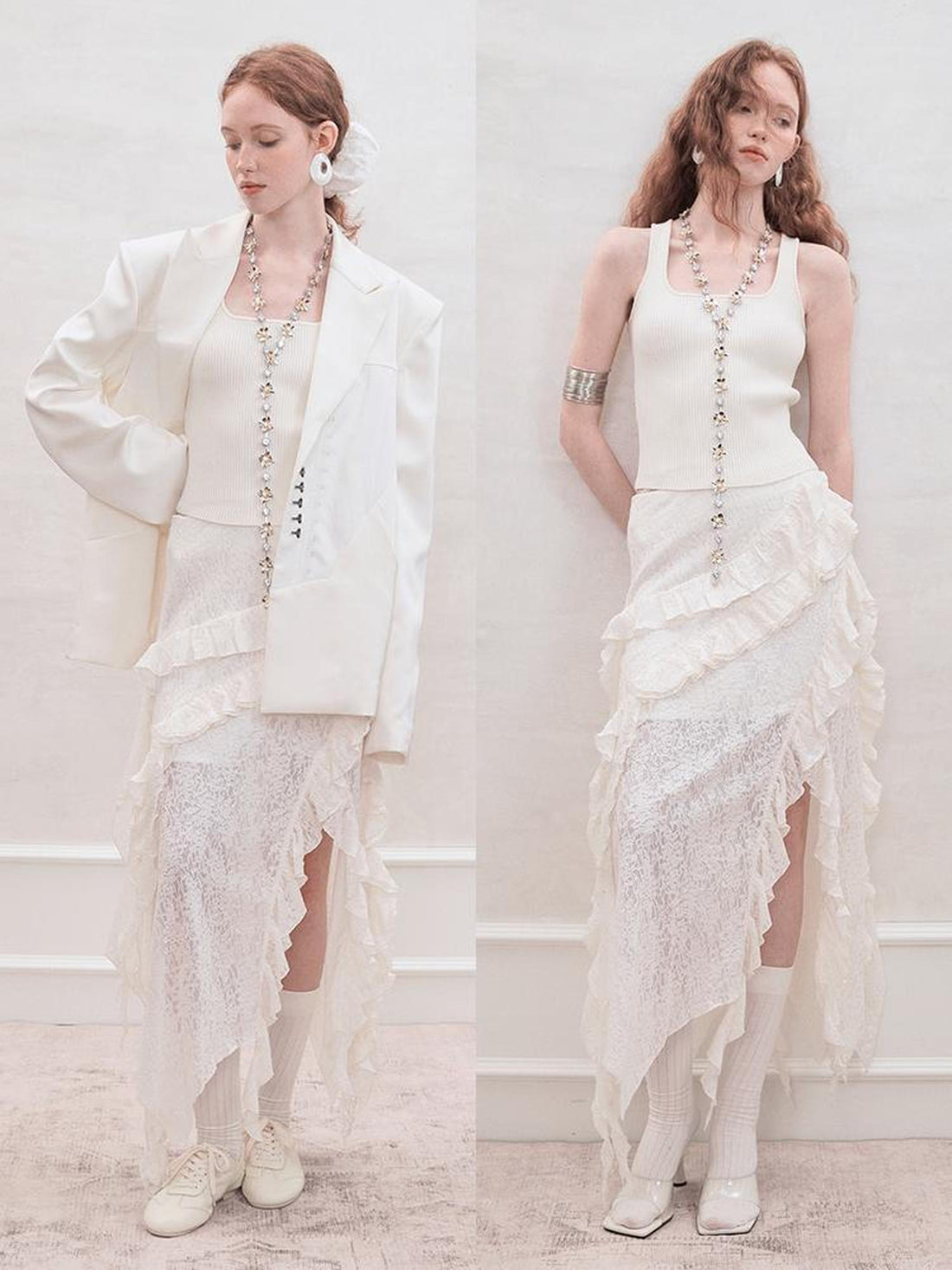 AnnoMundi Layered Romance Irregular White Midi Skirt