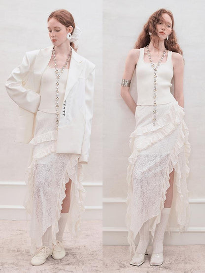 AnnoMundi Layered Romance Irregular White Midi Skirt