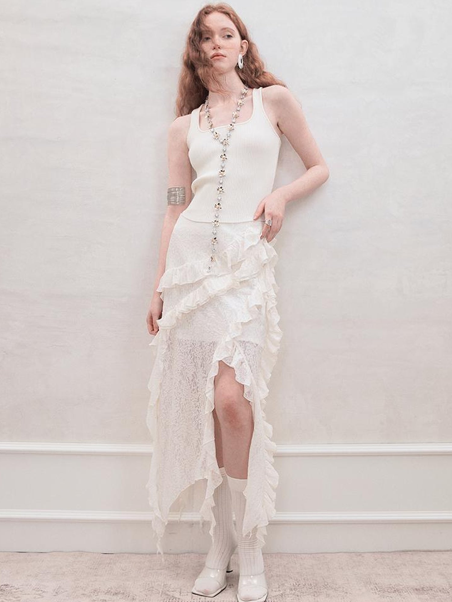 AnnoMundi Layered Romance Irregular White Midi Skirt