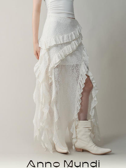 AnnoMundi Layered Romance Irregular White Midi Skirt