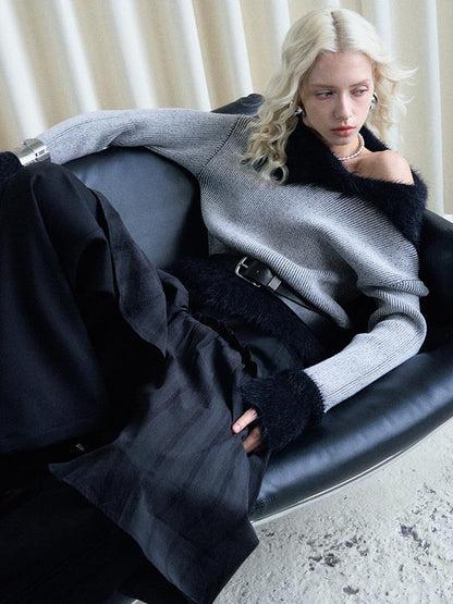 AnnoMundi Lazy Drape Long Hair Faux Mink Trimmed Knit Sweater