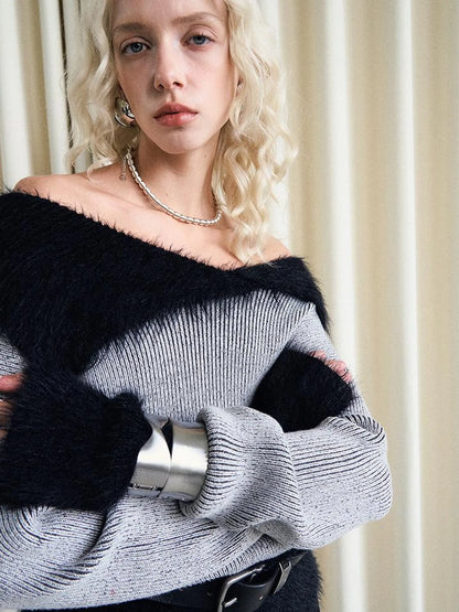 Lazy Drape Long Hair Faux Mink Trimmed Knit Sweater