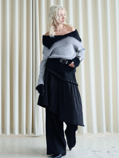 Lazy Drape Long Hair Faux Mink Trimmed Knit Sweater
