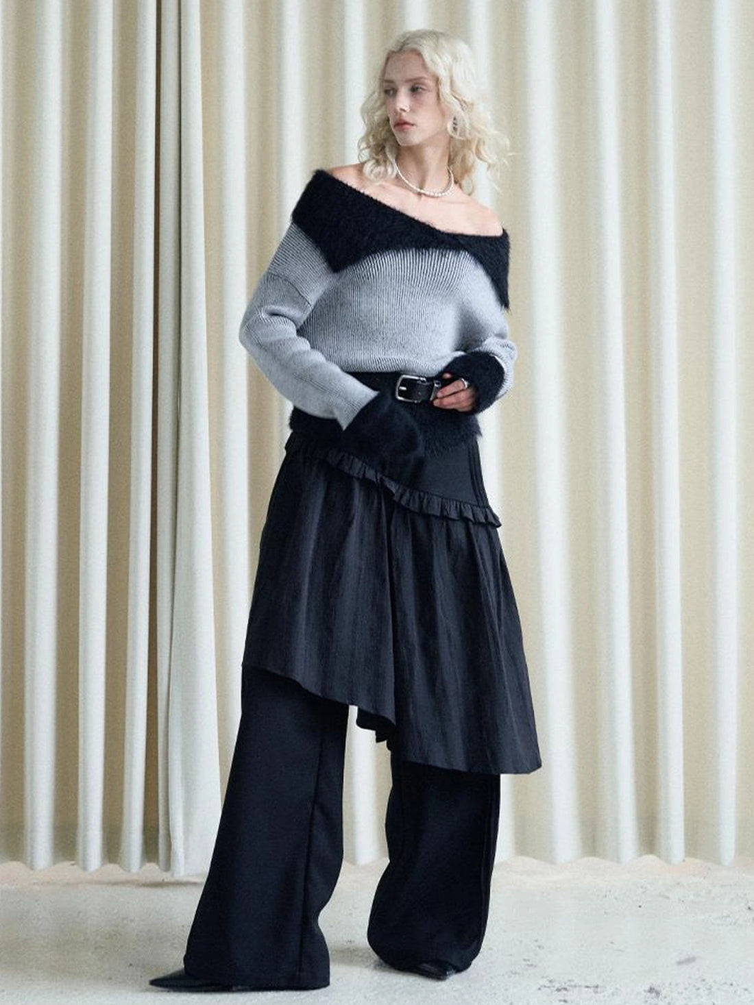Lazy Drape Long Hair Faux Mink Trimmed Knit Sweater