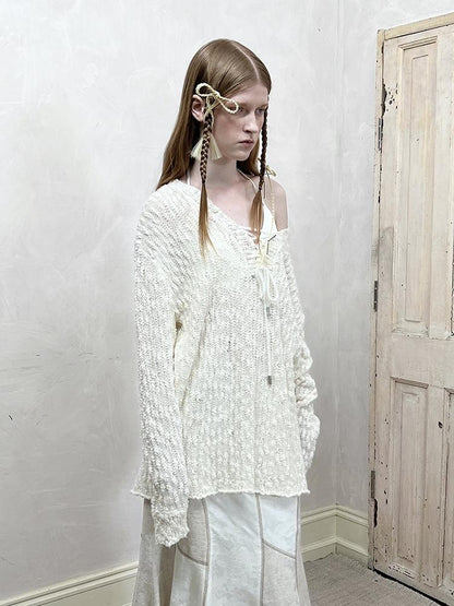 AnnoMundi Lazy Knit V-Neck Textured Cotton Top