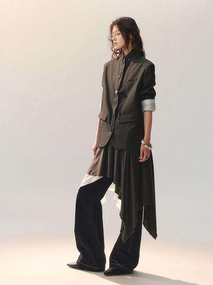 AnnoMundi Light Polyester Blend Asymmetric Stripe Standard Fit Womens Black Casual Jackets