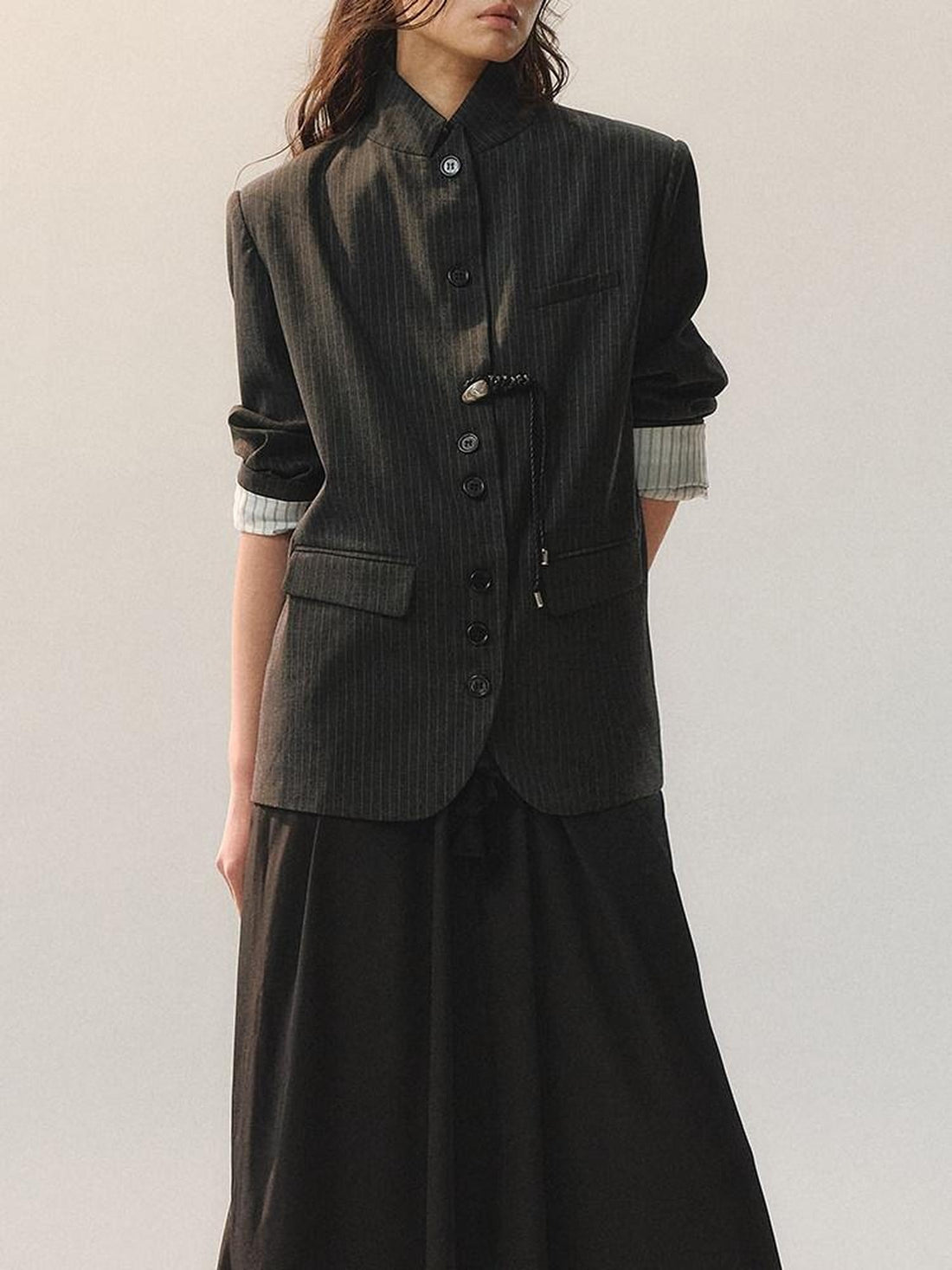 AnnoMundi Light Polyester Blend Asymmetric Stripe Standard Fit Womens Black Casual Jackets