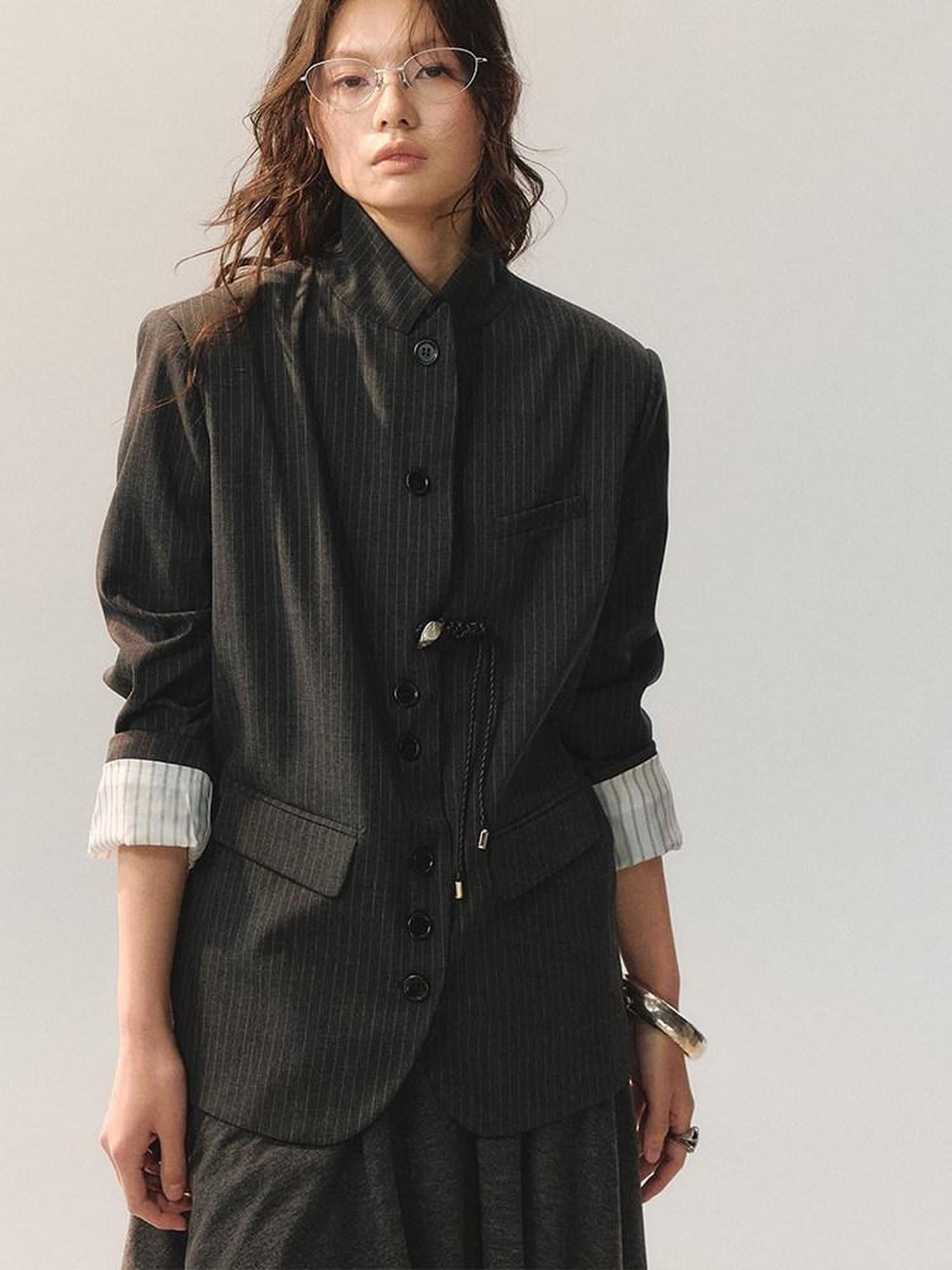AnnoMundi Light Polyester Blend Asymmetric Stripe Standard Fit Womens Black Casual Jackets