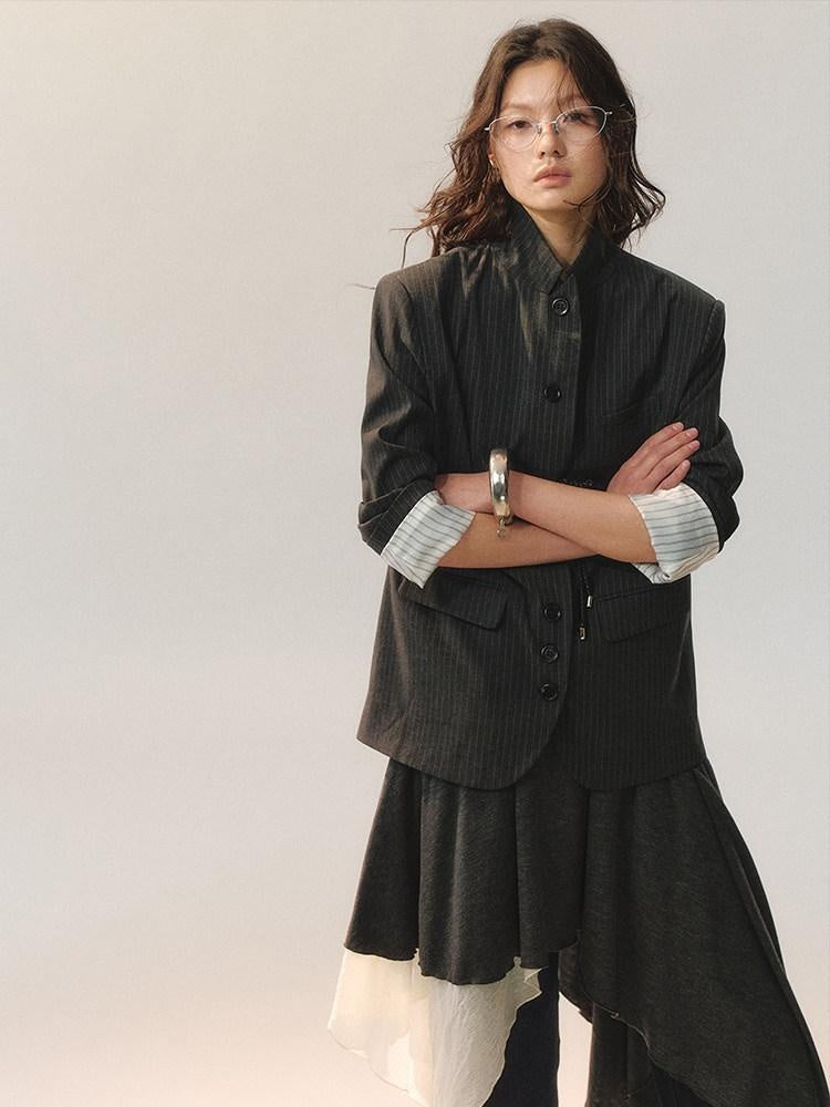 AnnoMundi Light Polyester Blend Asymmetric Stripe Standard Fit Womens Black Casual Jackets