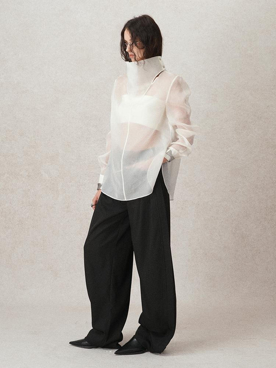 AnnoMundi Lightweight Silk Shirt French Style White Blouse V-Neck T-Shirt Long Sleeve