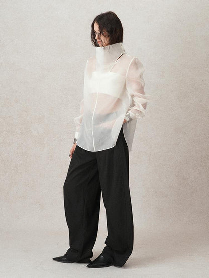AnnoMundi Lightweight Silk Shirt French Style White Blouse V Neck T Shirt Long Sleeve