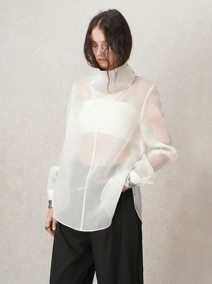 AnnoMundi Lightweight Silk Shirt French Style White Blouse V Neck T Shirt Long Sleeve