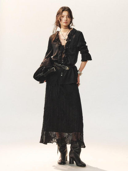 AnnoMundi Little Black Pleated Loose Fit Mid Waist Matte Polyester For Women Midi Skirts