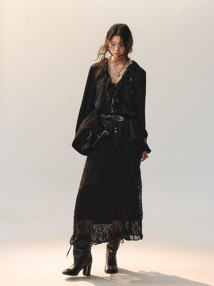 AnnoMundi Little Black Pleated Loose Fit Mid Waist Matte Polyester For Women Midi Skirts