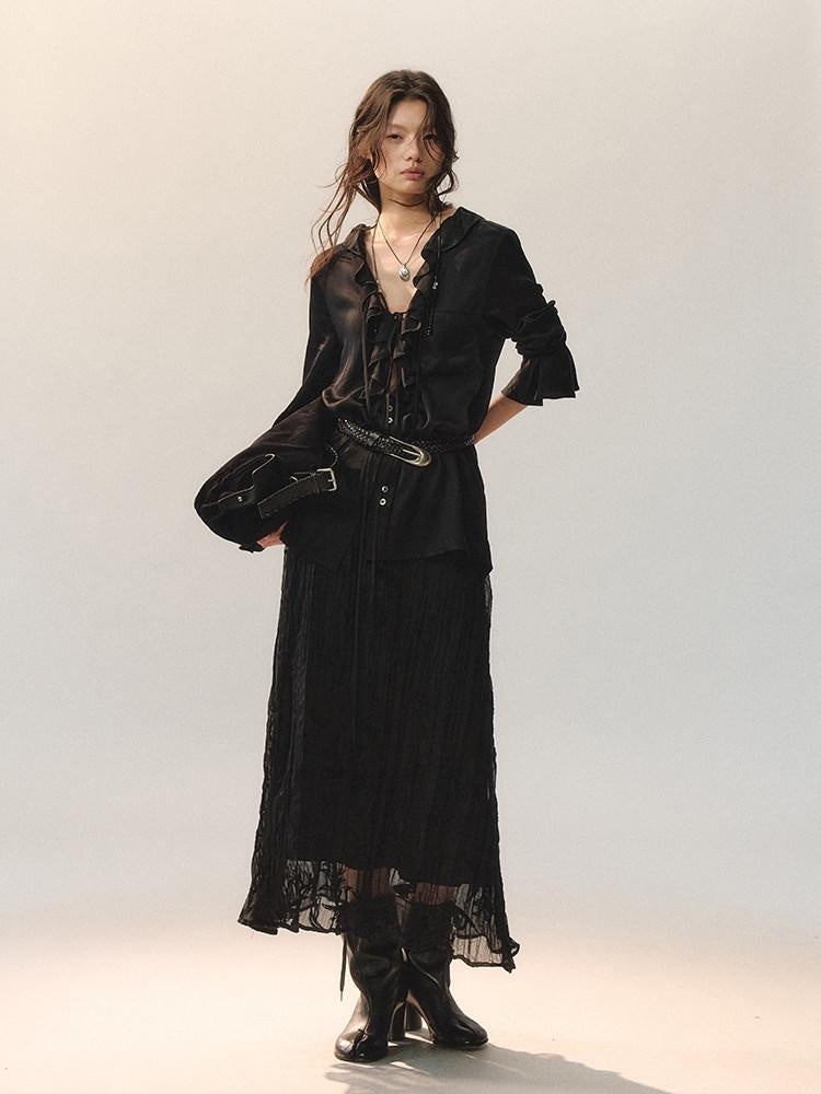 AnnoMundi Little Black Pleated Loose Fit Mid Waist Matte Polyester For Women Midi Skirts