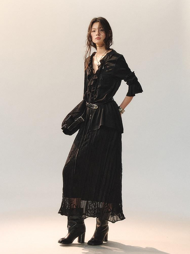 AnnoMundi Little Black Pleated Loose Fit Mid Waist Matte Polyester For Women Midi Skirts
