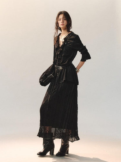 AnnoMundi Little Black Pleated Loose Fit Mid Waist Matte Polyester For Women Midi Skirts